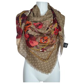 Gucci-SCARF BLOOM FLORAL GUCCI NOVO-Bege,Roxo