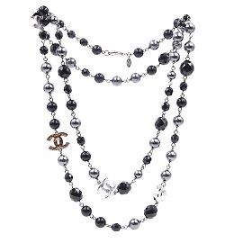 Chanel Black Grey CC Bead Pearl foderato singola collana Multicolore