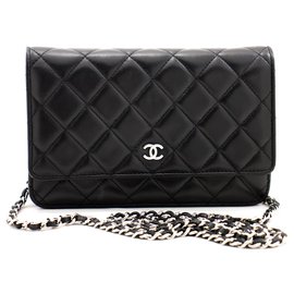 Chanel-CHANEL Black Wallet On Chain WOC Umhängetasche Crossbody Lambskin-Schwarz