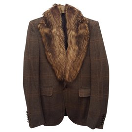 Gucci-Gucci jacket in tweed and wolf collar-Brown