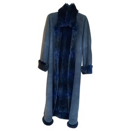 Autre Marque-Long manteau reversible en daim et orylag-Bleu Marine