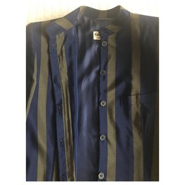 Giorgio Armani-Elégant tailleur pantalon en soie-Kaki,Bleu Marine