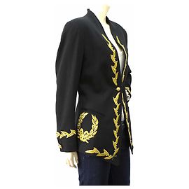 Vintage Joop! Black Gold leaf Embroideried Collarless Open Front Blazer - SZ 38 Black