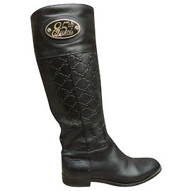 Gucci Monogram Leather Riding Boots Black 37.5 Black