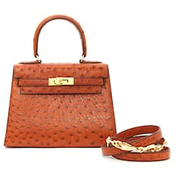 Hermès-MINI KELLY 20 Avestruz Dorada-Caramelo