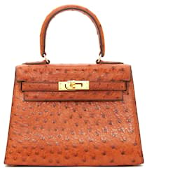 Hermès-MINI KELLY 20 Avestruz Dorada-Caramelo