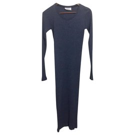 Autre Marque-Vestido de malha de algodão canelado longo experimental-Azul