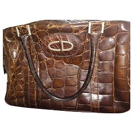 Bolsa de mão Christian Dior Boston em couro de crocodilo marrom Marrom