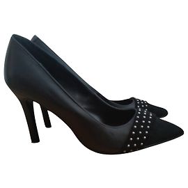 Zapa Black Leather and Suede Studded Pumps 37 Black Silvery