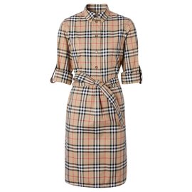 Burberry-BURBERRY Abito chemisier in cotone elasticizzato con motivo Vintage check e allacciatura in vita-Multicolore