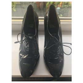 Stuart Weitzman-Black patent booties with stacked heel-Black