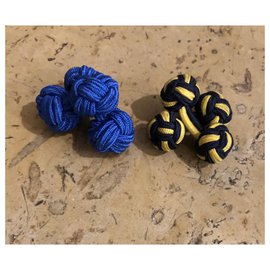 Autre Marque-3 pairs of cufflinks in elastic trimmings-Blue,Yellow,Navy blue