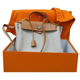 Hermès Herbag PM 2 em 1 Bolsa de ombro de couro natural de lona 31 Cru
