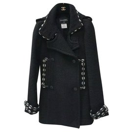 Chanel-Manteau en laine noire Chanel Sz.36-Noir