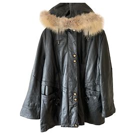 Autre Marque Schwarzer Leder Mantel mit echtem Pelz XXL Schwarz