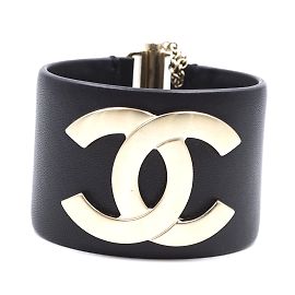 Chanel Gold Black Leather Wide CC Glide Lock Cuff Black