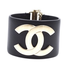 Chanel-Chanel Gold Black Leather Wide CC Glide Lock Cuff-Black