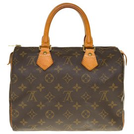 Louis Vuitton-L'essenziale borsa Louis Vuitton Speedy 25 in tela rivestita monogramma e pelle naturale in ottime condizioni-Marrone