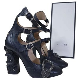Gucci-Gucci Black Triple-Strap Snake-Heel Pump Sandals Sz 38-Black