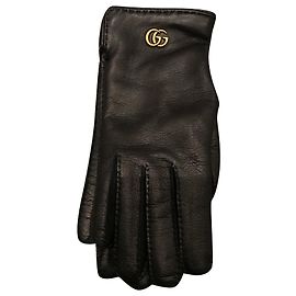 Luvas Gucci de couro pretas com logotipo dourado Preto