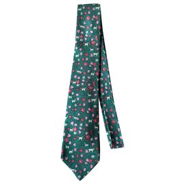 Hermès-Cravates-Rose,Beige,Vert