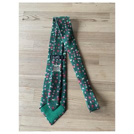 Hermès-Cravates-Rose,Beige,Vert