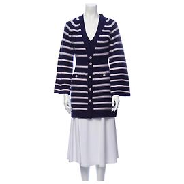 Chanel Gestreiftes Kaschmir Cardigan Set Blau Blau