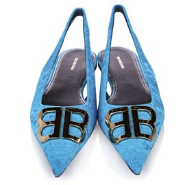 Balenciaga-Balenciaga Blue BB Slingback Velour Flats-Blue,Light blue