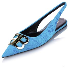 Balenciaga-Balenciaga Blue BB Slingback Velour Flats-Blue,Light blue