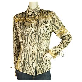 Roberto Cavalli Camisa con Botones con Estampado de Cadenas Doradas y Animales de Seda Talla S Multicolor