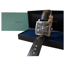 Tiffany & Co Atlas Square Automatic Watch Black Leather Black