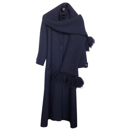 Chanel-abrigo y bufanda de tweed-Negro