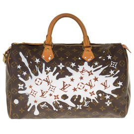 Louis Vuitton-Superb Creation of Louis Vuitton Speedy Handbag 35 in custom monogram canvas "Fancy" by artist PatBo-Brown