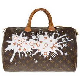 Louis Vuitton-Superba creazione della borsa Louis Vuitton Speedy 35 in tela monogramma personalizzata "Fancy" dell'artista PatBo-Marrone