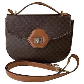 Céline Celine Old Vintage Macadam Pattern 2maneira Pochette bolsa PVC x ombro de couro Marrom