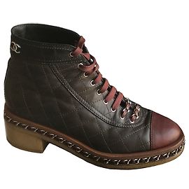 Chanel Bottines Biker Chain Around Combat Marron Bordeaux Marron foncé