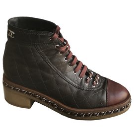 Chanel-Chain Around Combat Biker Ankle Boots-Brown,Dark red,Dark brown