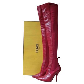 Fendi-Fendi Red Leather Over-the-Knee Sock Boot Sz.38,5-Red