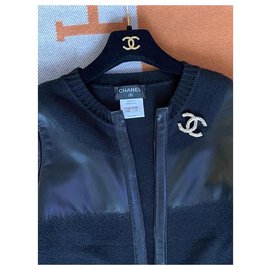 Chanel-Jaqueta de lã de couro com logotipo CC-Preto
