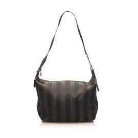 Fendi-Sac à bandoulière en toile Fendi Pequin marron-Marron,Noir,Marron foncé