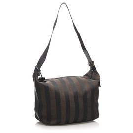 Fendi-Sac à bandoulière en toile Fendi Pequin marron-Marron,Noir,Marron foncé