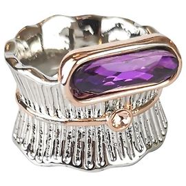 Autre Marque Anel prateado com detalhes dourados e cristal violeta Prata