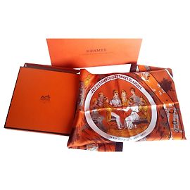 Hermès Quadrado de aniversário 1937-1987 "Jogo de ônibus e damas brancas" Laranja