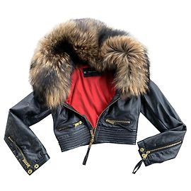 Dsquared2 Short leather jacket with fur collar Black
