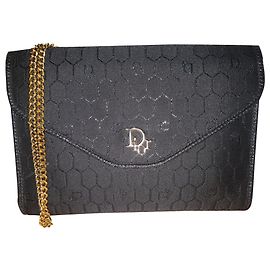 Christian Dior Honeycomb Clutch Bag Black Cloth Gold Chain Black