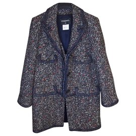 Chanel-Dual Pockets Tweed Wool Coat-Blue,Multiple colors