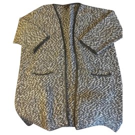 Massimo Dutti-Manteau gris Chiné bord cuir-Gris