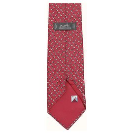 Hermès-Cravate Hermès Tangram en twill de soie-Rouge,Gris