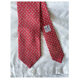 Hermès-Corbata Hermès Tangram en sarga de seda-Roja,Gris