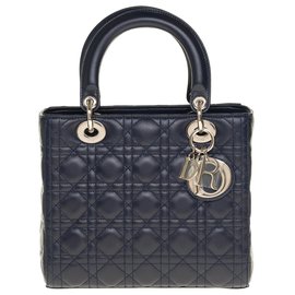 Christian Dior-Splendid Christian Dior - Lady Dior MM handbag in navy blue leather cannage, Garniture en métal argenté, New condition-Navy blue